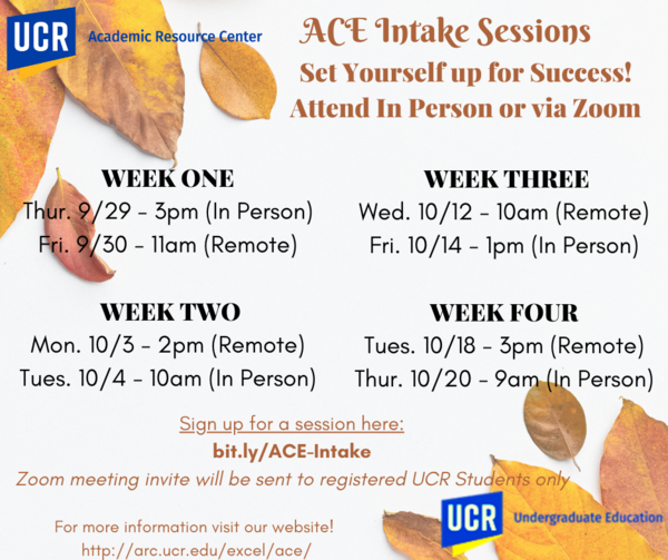 Fall 2022 ACE Intake Session Schedule | Academic Resource Center